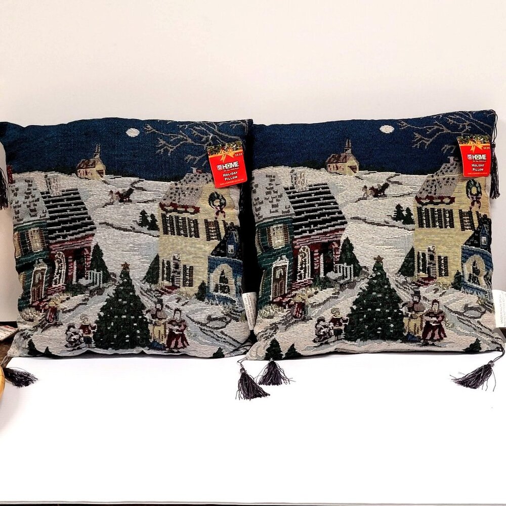 Christmas Throw Pillows 2 Winter Village Scene Tapestry Rite Aid 15'' Accent New